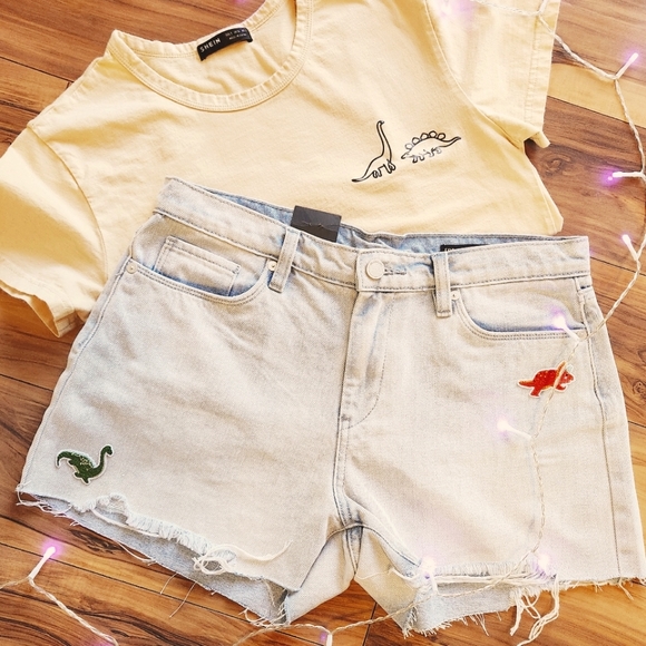 Blank NYC Pants - Upcycled DINOSAUR SHORTS 29 Denim Cutoff Summer Kawaii Jeans Distressed